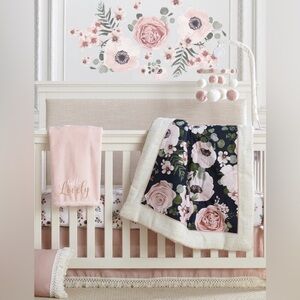 Baby blanket dark blue with pink/white with flowers